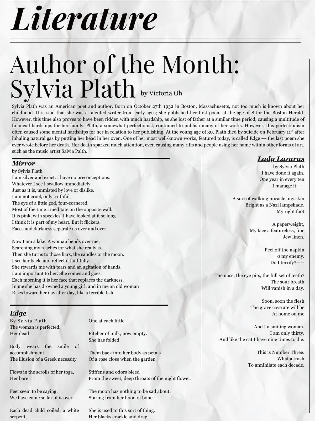 The Literature page introducing Sylvia Plath, with three poems set beside it