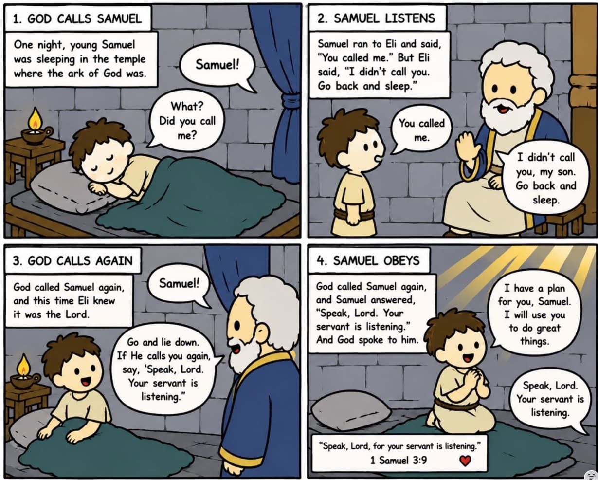 Four-panel comic: young Samuel hears his name in the night, runs to Eli, is called again, and kneels to answer God