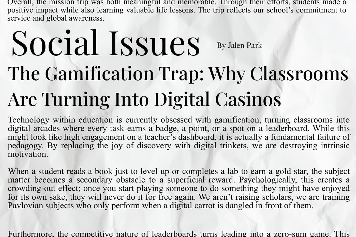 The Social Issues page carrying the gamification argument