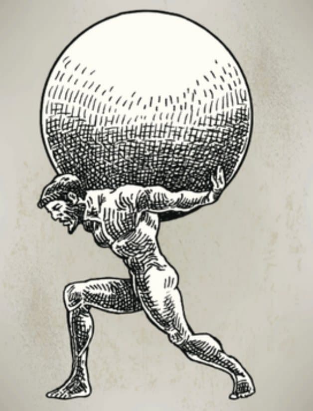 An engraving of Atlas bent under the weight of the celestial globe