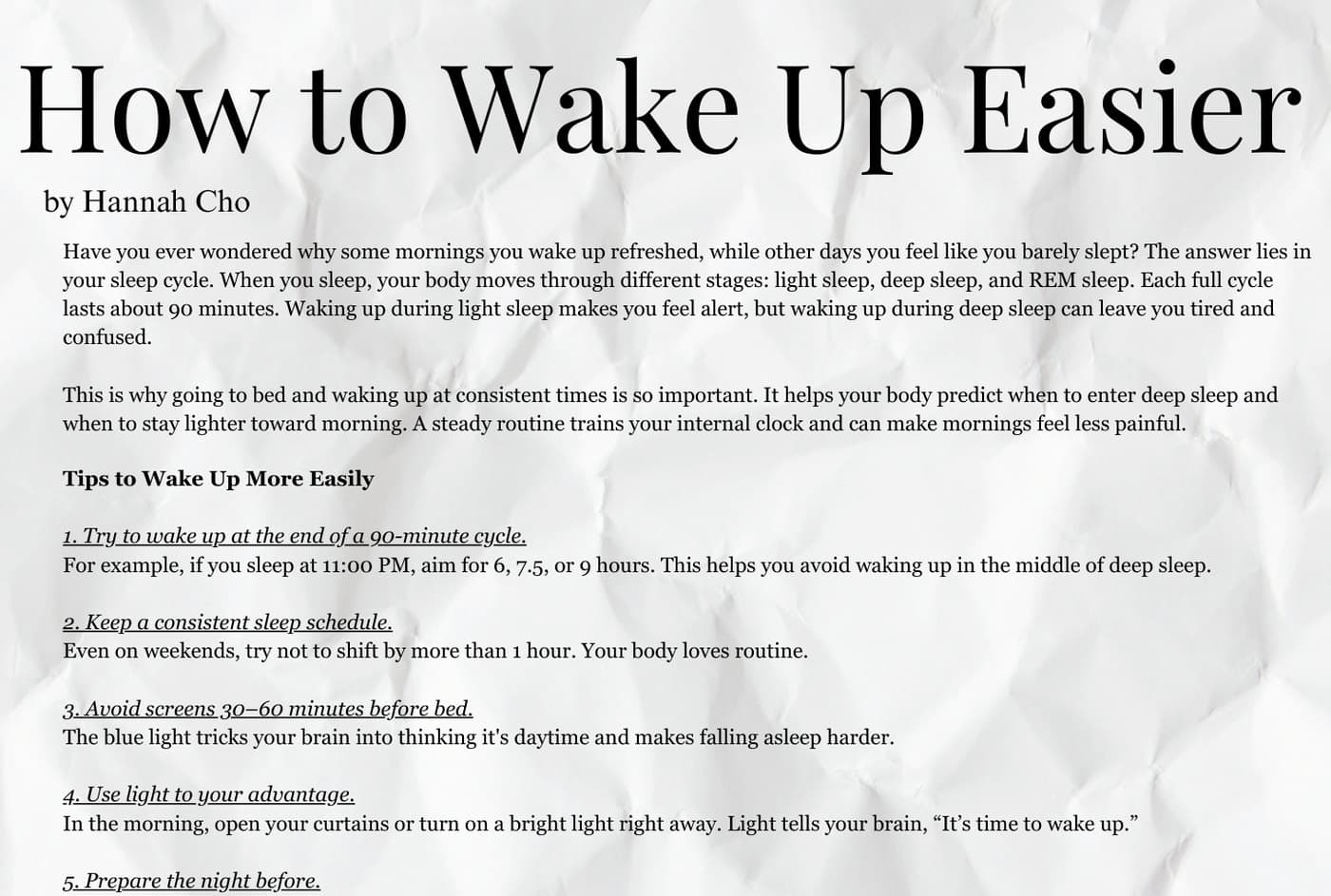 The printed page carrying the guide to waking up