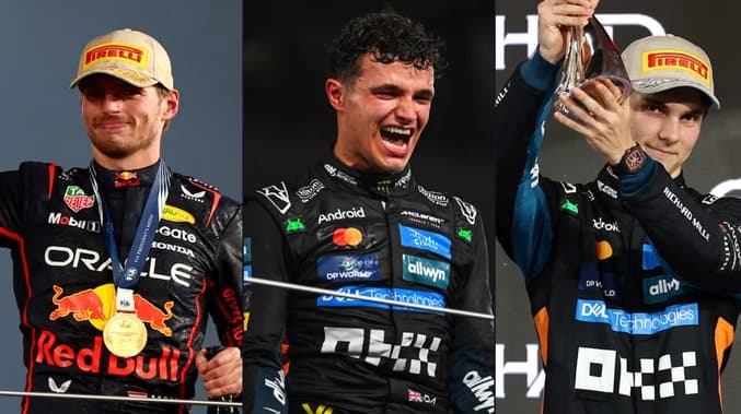 Verstappen, Norris and Piastri on the podium in team kit