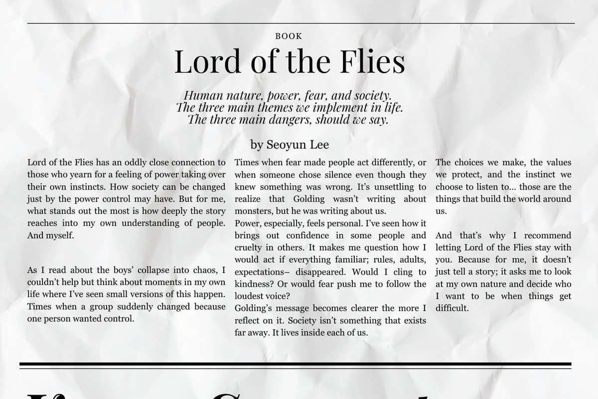 The Book page carrying the Lord of the Flies review