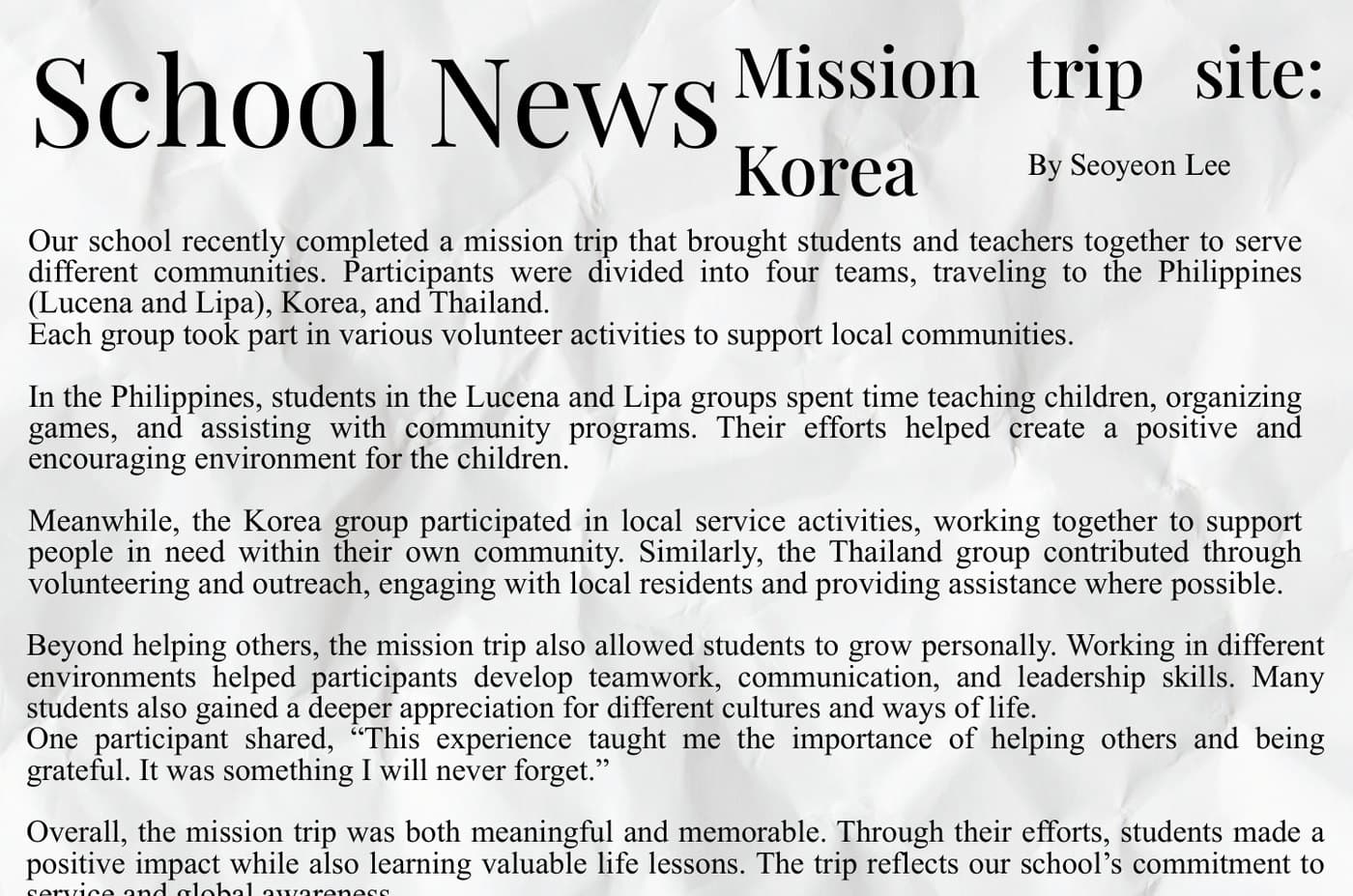 The School News page reporting on the completed mission trips