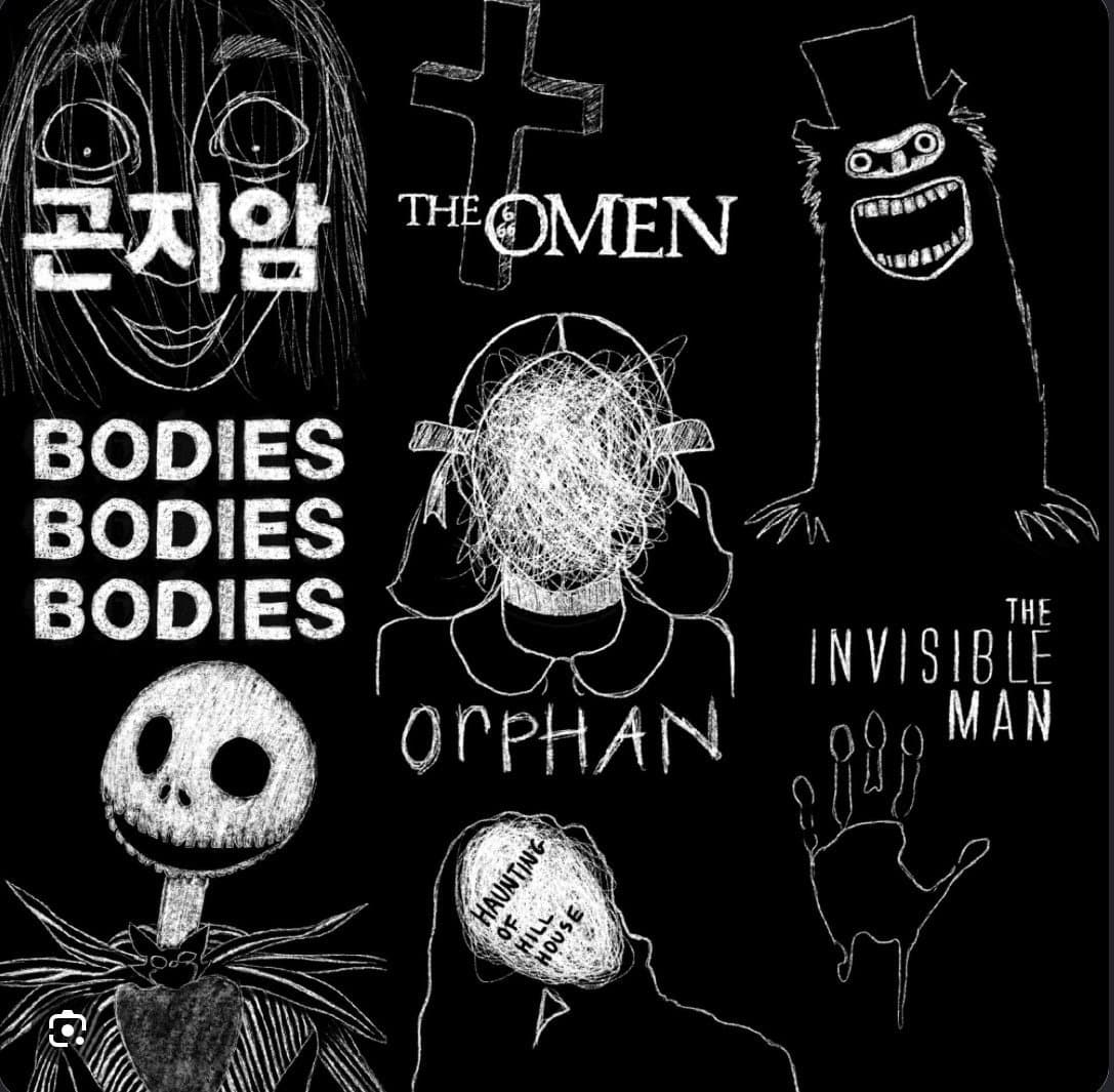 Chalk-style drawings of horror movie titles and monsters on black: The Omen, Bodies Bodies Bodies, Orphan, The Invisible Man